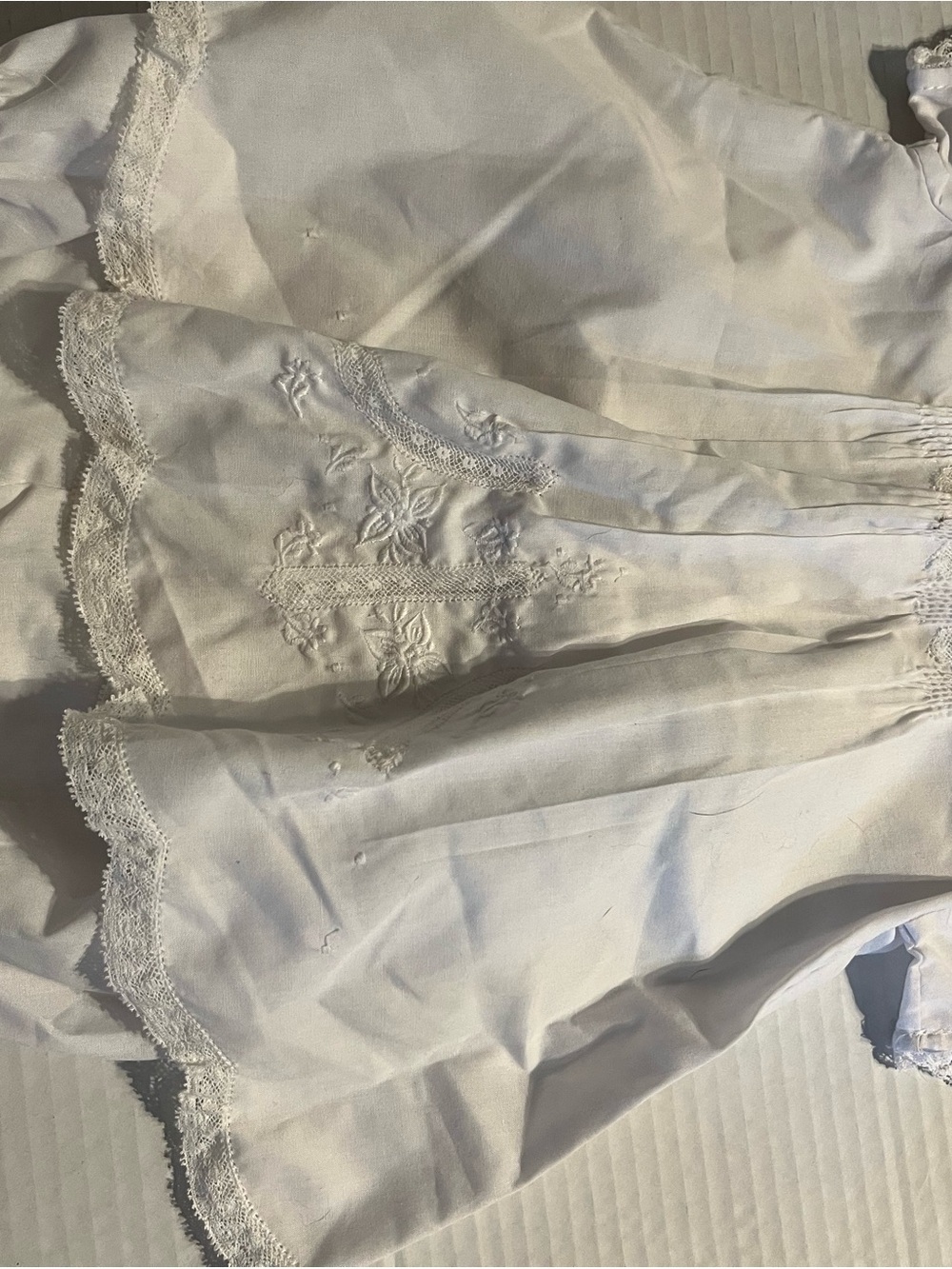 Vintage Newborn hand Smoked & Embroidered Lace-Trim Formal white cotton Gown